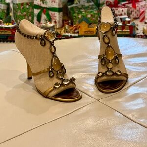 Giuseppe Zanotti Vicini Gold Jeweled Brown Leather Mule Sandals Heels